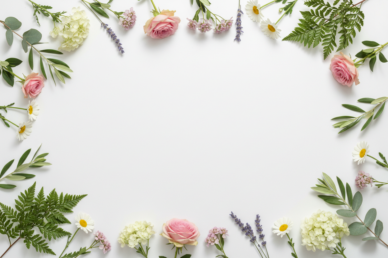 IMMAGINE SFONDO FIORI PIANTE ARBUSTI PULITO NON TROPPO PIENO, MANTENEDO UNA BASE DI SFONDO BIANCA